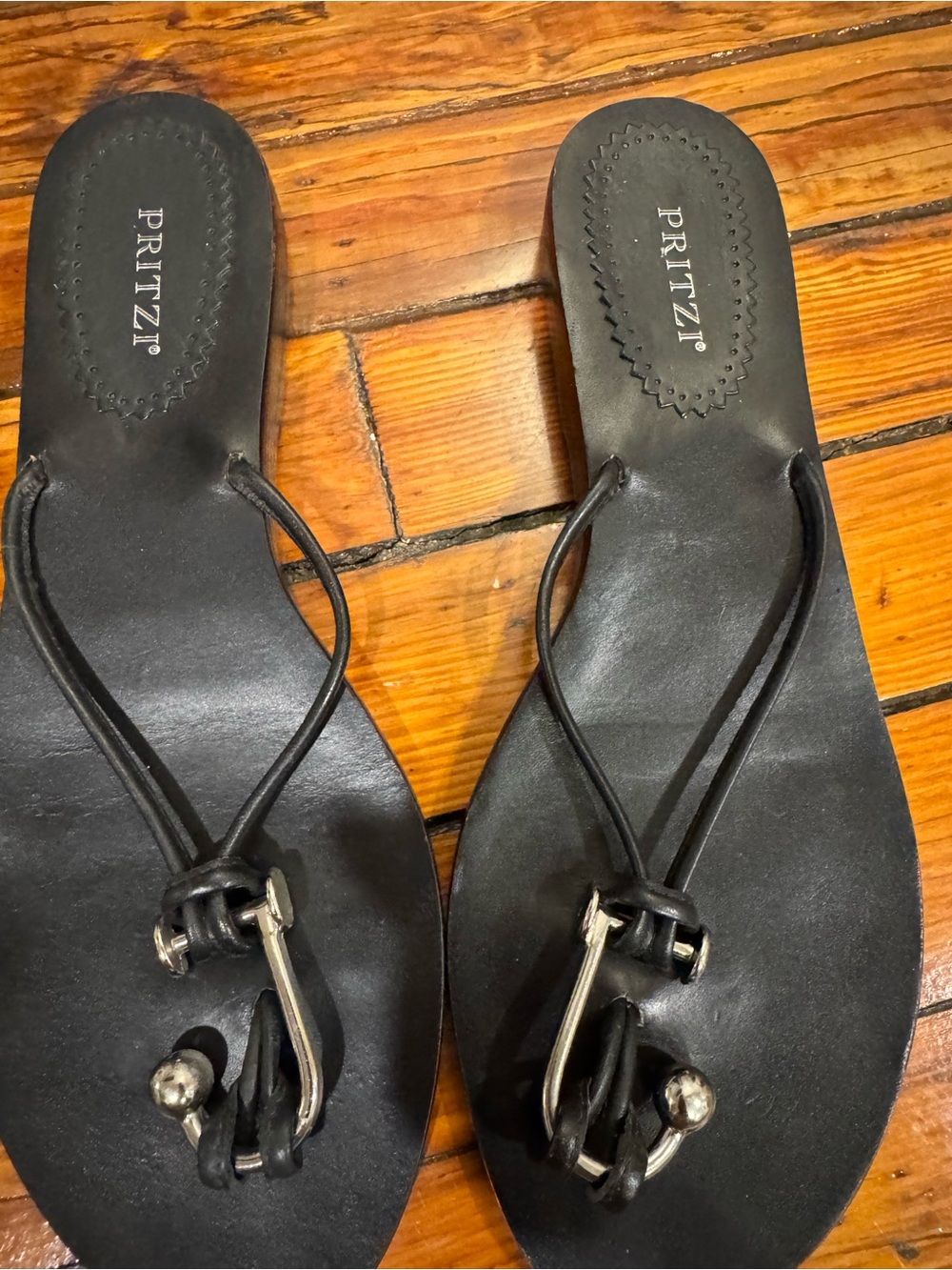 Pritzi Black Leather T-Strap Sandals with Silver Hardware